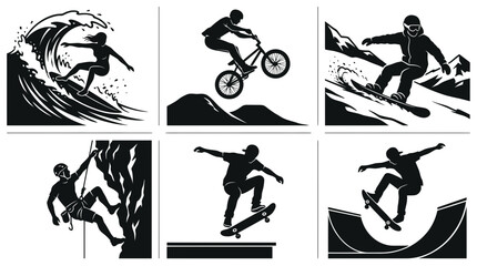 Obraz premium Extreme Sports Silhouettes: Surfing, BMX, Snowboarding, Climbing, Skateboarding