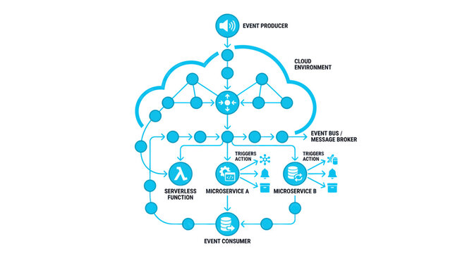 Cloud Microservices Architecture Diagram: Event Driven System, Serverless Functions