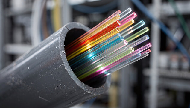 Colorful fiber optic glass rods inside protective plastic conduit pipe