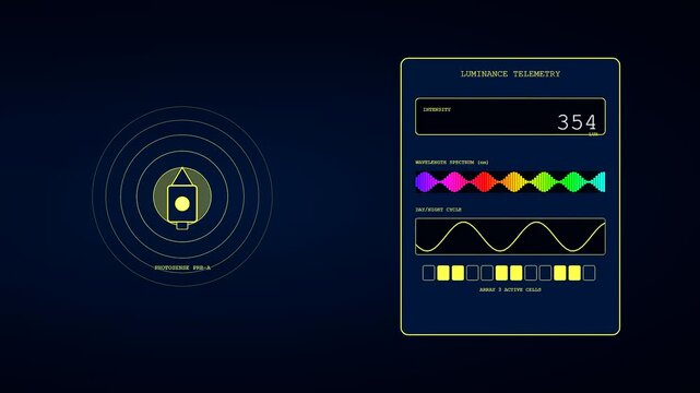 Digital factory sensor monitoring shows shifting data levels on glowing screen interfaces within a dark environment featuring animated light patterns and changing numerical values across displays