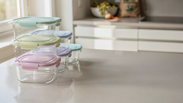 Glass food storage containers with colorful airtight plastic lids on kitchen counter