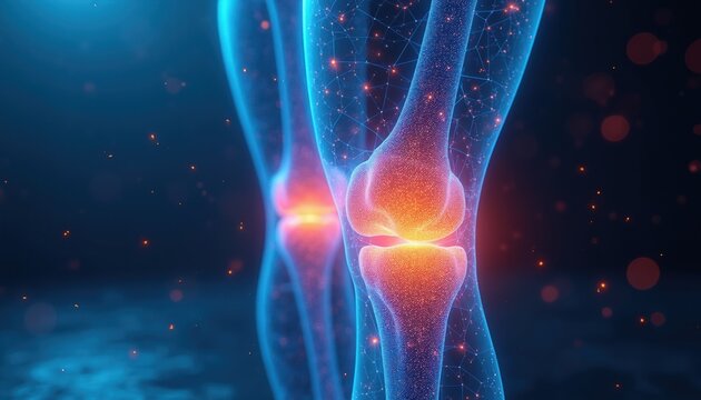 Holographic knees show joint health and flexibility. Medical visualization of bone structure with glowing particles. Digital anatomy graphic for therapy research.