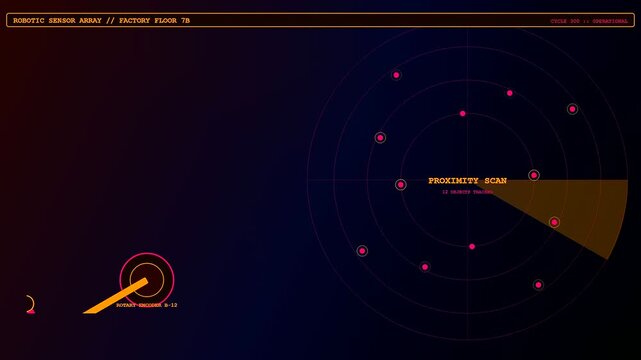A digital factory sensor monitoring interface displays cyclical radar scans with rotating mechanical arms tracking multiple floating glowing pink points across a deep dark purple environment