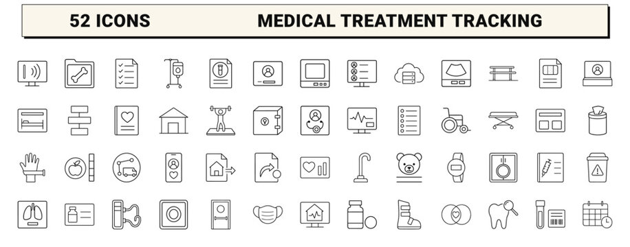 Substance recovery program line icon set. Vector pictograms of patient intake, clinical workflows, therapy sessions, and medical compliance elements, thin linear illustration.