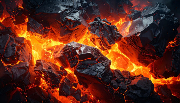 Glowing hot orange lava flowing between dark cracked volcanic rocks, abstract burning charcoal embers texture background, fiery magma and textured stone surface backdrop.