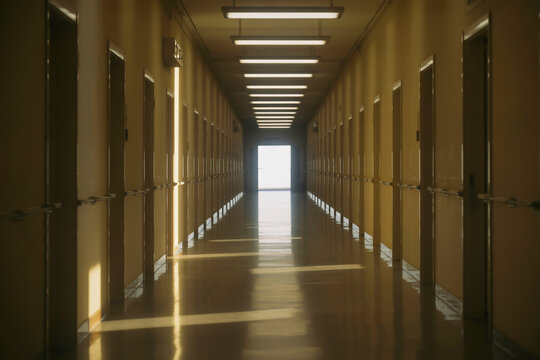 Long, empty hallway with rows of doors and sunlight streaming through at the end corridor interior