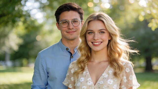 Happy young couple standing together in sunny park, smiling man and woman enjoying summer day outdoors, relationship love concept portrait with natural light background