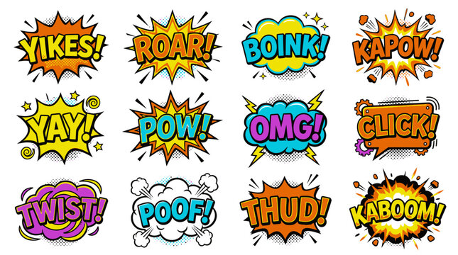 Action comic book sound effects with colorful speech bubbles.