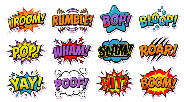 Action comic book sound effect words in starburst bubbles.