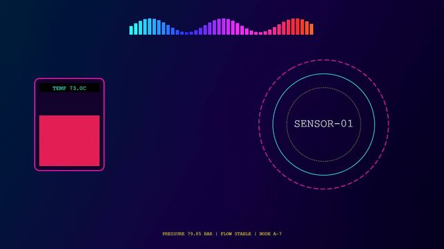 Digital displays showing factory sensor monitoring across three rhythmic cycles with glowing bar charts and oscillating circles reflecting rapid data input in a dark room environment