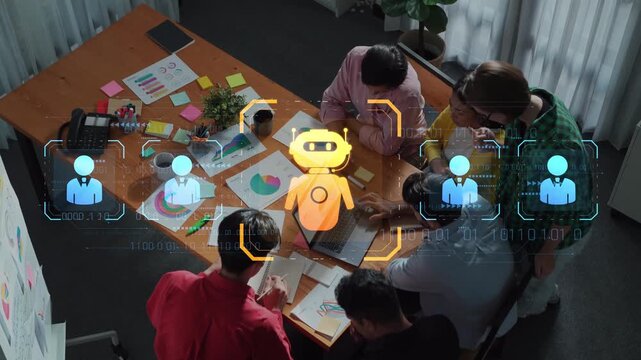 A diverse group of professionals engages in collaborative tasks using innovative technology and data analysis, with a friendly robot assisting in a modern office setting. Raster