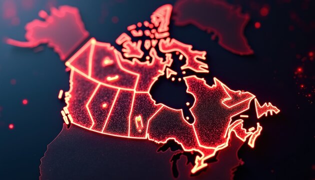 Glowing map of Canada with digital network lines and dots. Country borders are highlighted with red neon glow. Technology and communication concept illustration.