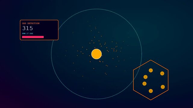 Digital factory sensor monitoring visualization showing orange glowing particles floating around a central node with dynamic geometric shapes inside a dark interface with cyan circular light patterns