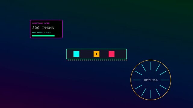 Industrial factory sensor monitoring systems track colorful boxes along a moving conveyor belt with digital counter displays shown in a dynamic sequence of motion graphic elements