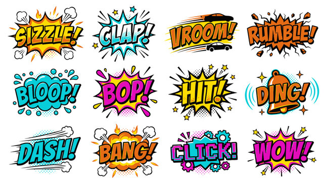 Action comic sound effects set with sizzle and rumble.