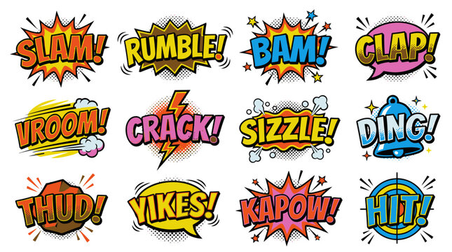 Action comic sound effects set with slam and rumble text.