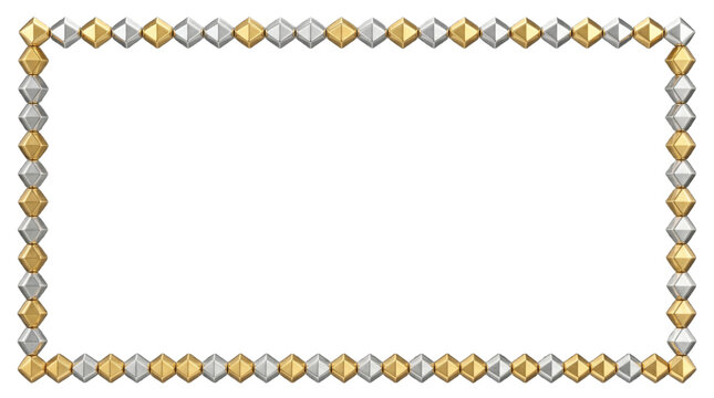 Modern metallic dotted border featuring alternating gold and silver prism beads, refined luxury aesthetic, invitation and branding element, realistic reflections, transparent background, 8K