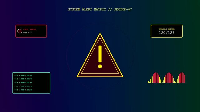 Digital factory sensor monitoring interface displays flashing red alert warning symbols with numerical data stream pulses on a dark screen showing system errors for remote operator analysis