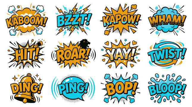 Action comic speech bubbles with kaboom and kapow text.