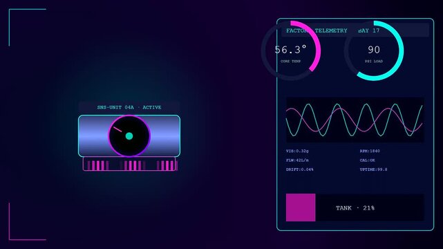 Digital displays showing factory sensor monitoring across three panels featuring moving wave patterns glowing neon metrics rotating circular gauges and dark blue interface elements on screens