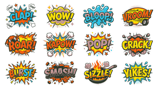 Action comic stickers with Vroom and Kapow sounds.