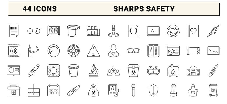 Needlestick prevention training line icon set. Vector pictograms of sharps disposal, safety syringes, clinical compliance, and medical waste management elements, thin linear illustration.