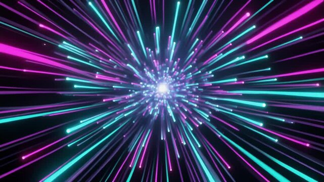 Vibrant neon light explosion with pink and blue rays on dark background, futuristic energy burst