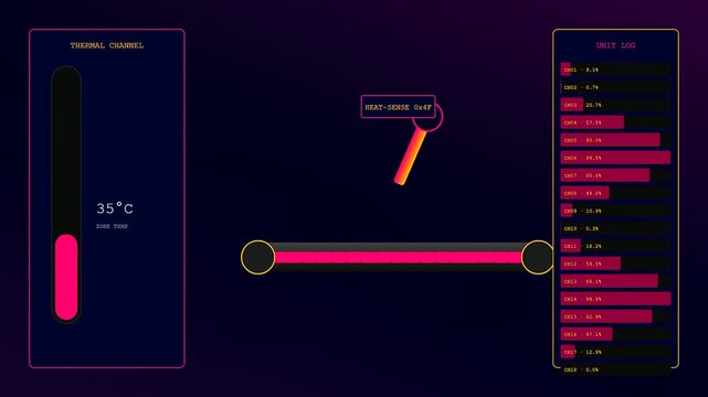 Factory sensor monitoring displays fluctuating thermal data across three unique interface screens with glowing neon pink progress bars and numerical readouts on a dark digital monitor