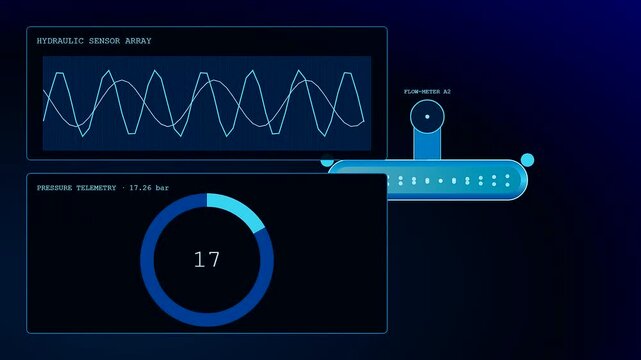 Factory sensor monitoring displays fluctuating data streams across three digital panels showing hydraulic pressure metrics and flow rate variations on a dark blue glowing interface