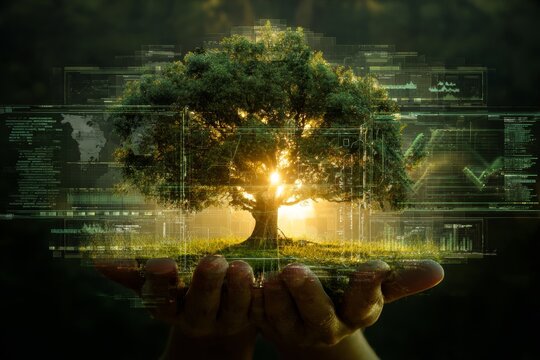 The emergence of life in the grasp of a nurturing hand. Digital control. The subtle balance of hand and tree in a sunlit green haven. High-tech graphics. Ai visuals.