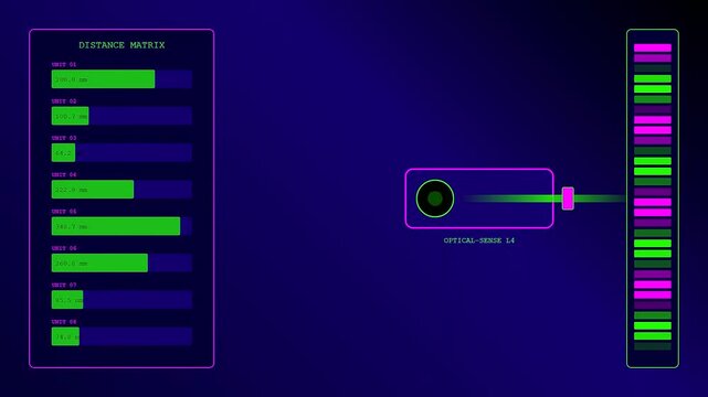 A digital factory sensor monitoring interface displays live distance metrics while data streams synchronize across a glowing purple screen with vibrant green level bars and metrics