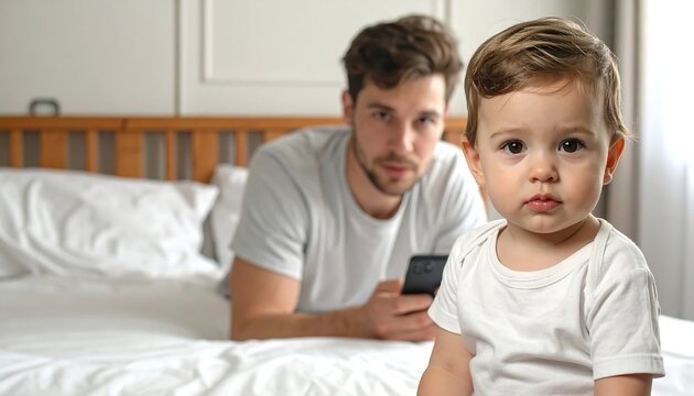 A young toddler in a white onesie gazes directly at the camera, with a blurred father holding a phone behind him on a bed