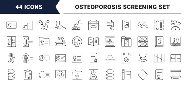 Bone density scan line icon set. Vector pictograms of medical imaging, skeletal diagnostics, osteoporosis screening, and clinical radiology elements, thin linear illustration.