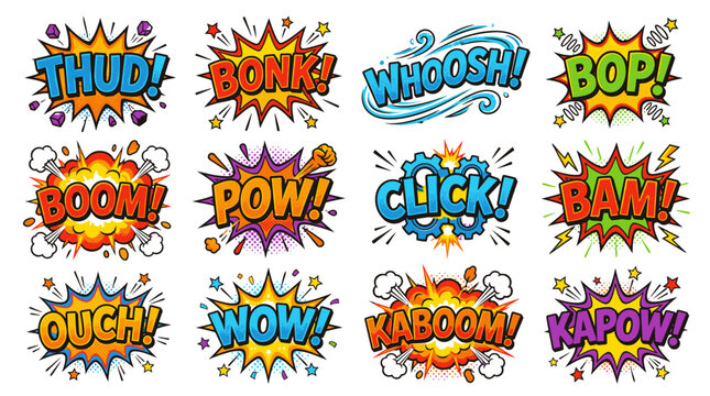 Action-packed comic sound effect stickers like thud and kaboom.