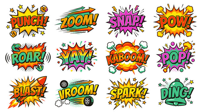 Action-packed comic sound stickers featuring punch and zoom effects.