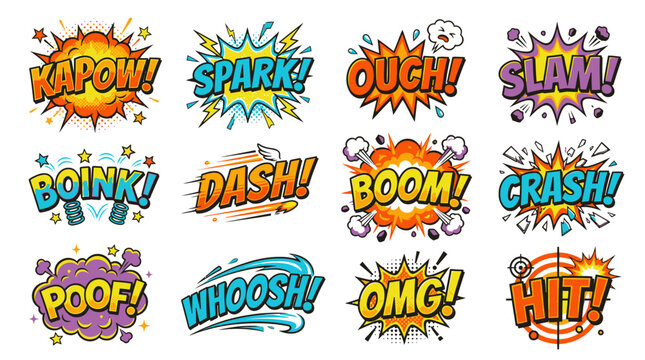 Action packed comic speech bubbles with boom and crash.