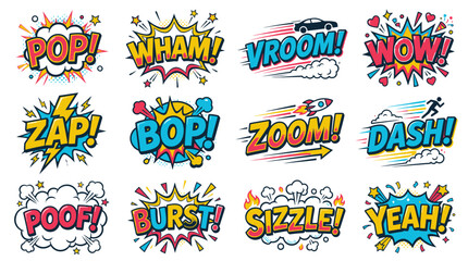 Naklejka premium Action-packed comic book sound effects in vibrant pop art style.