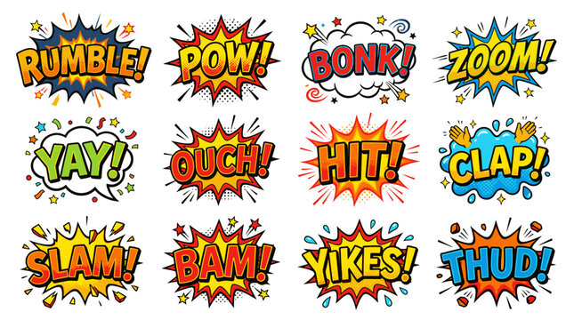 Assorted comic book sound effect speech bubbles collection.