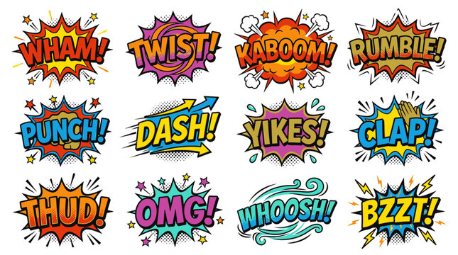 Action sound effect bubbles including Wham and Kaboom for comics.