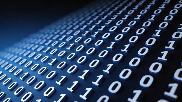 3D rendering of blue binary code digits on dark background, abstract technology concept for big data, cybersecurity and digital computing information systems.