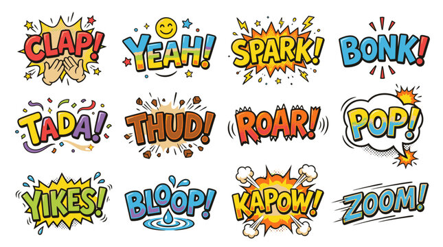 Action sound effect speech bubbles in pop art style.