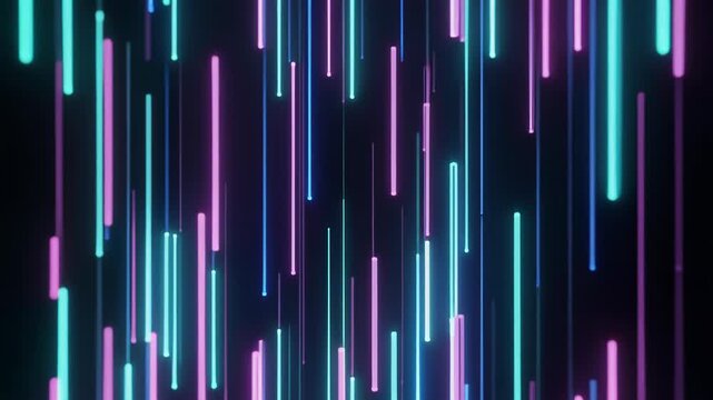 Neon light streaks in purple and blue hues on black background, futuristic digital pattern