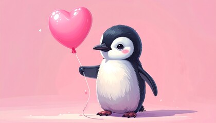 Naklejka premium Adorable cartoon penguin, holding a pink heart-shaped balloon, on a lovely pink backdrop