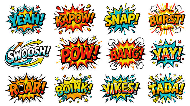 Action packed comic sound bubbles including roar snap and burst.