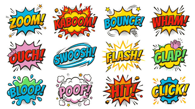 Assorted colorful comic book sound effect labels for design.