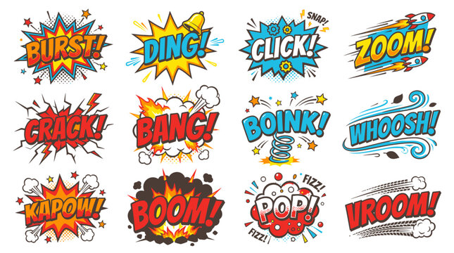 Action packed comic sound bubbles with Kapow and Boom.