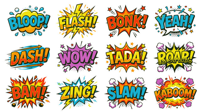 Assorted colorful comic sound effect bubbles with action words
