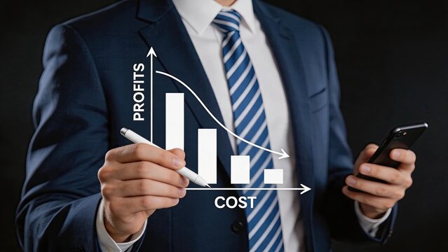 Businessman analyzing financial chart showing decreasing costs and increasing profits, economic efficiency, budget optimization, revenue growth, and strategic financial management