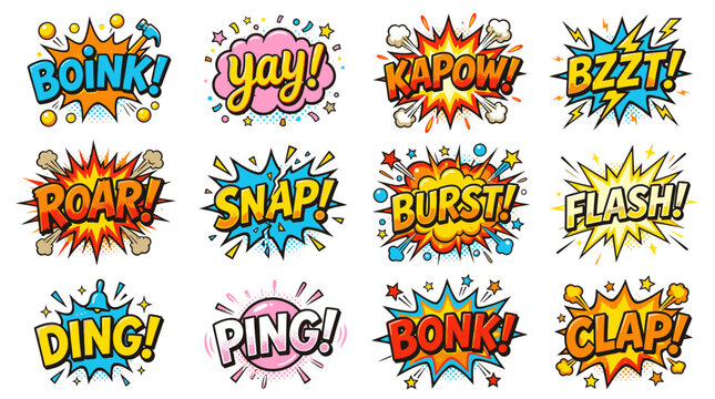 Boink and Kapow colorful onomatopoeia stickers set.
