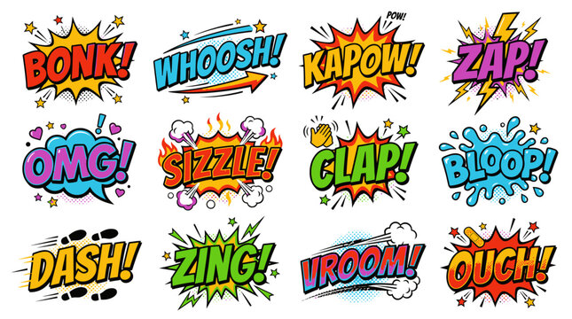 Bold comic action bubbles and sound effect word collection.